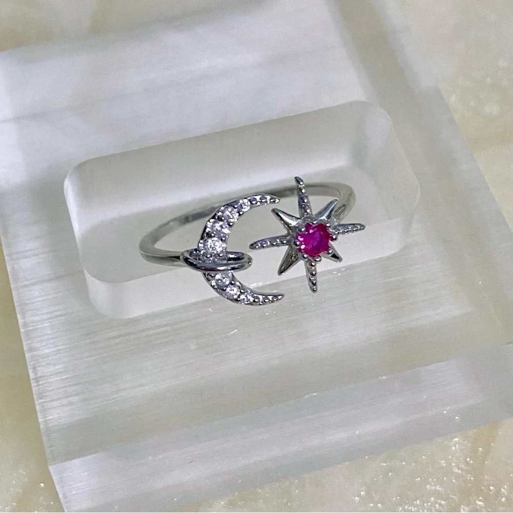 Sterling Silver and Pink Star and Moon Ring